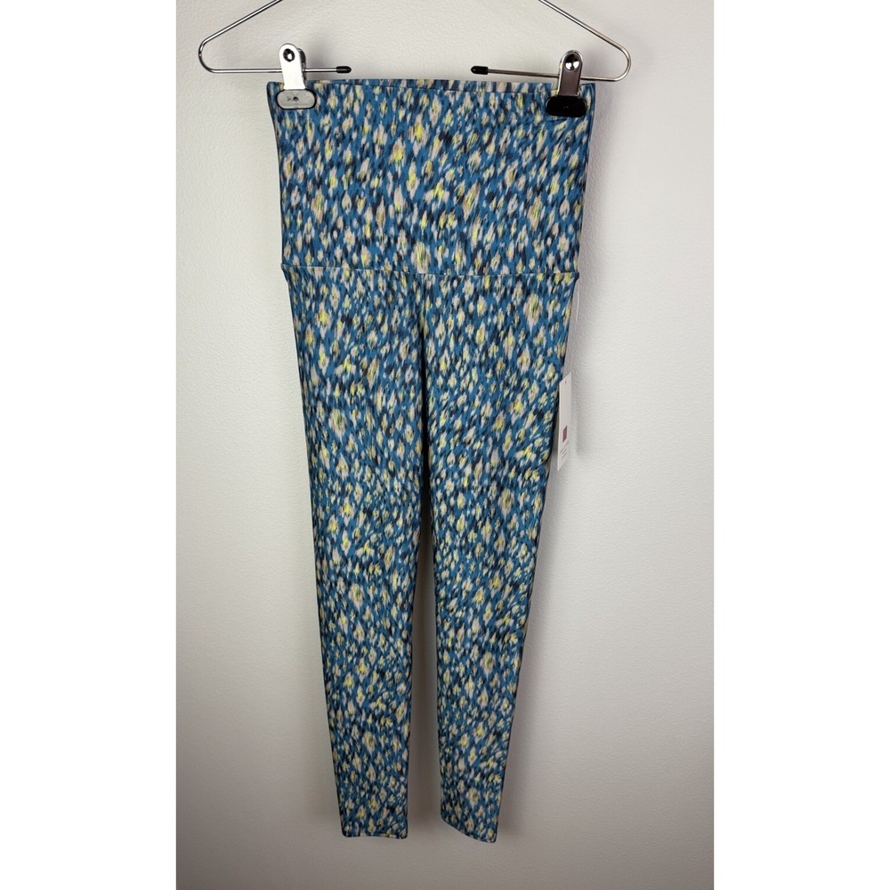 Emily HSU Leggings Womens Bright Teal Yellow High Waisted Size Med NWT